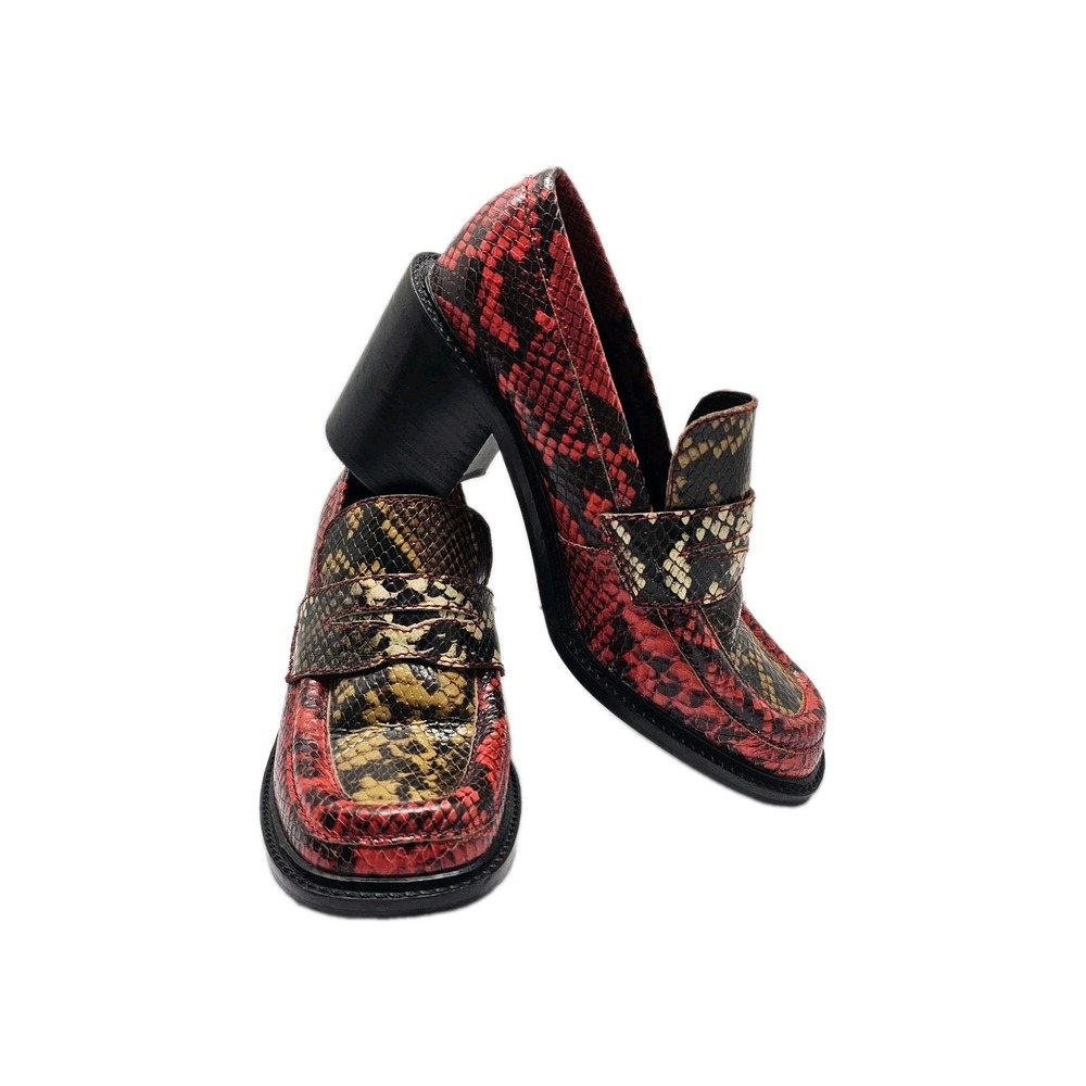 ASOS Womens Sz 6 Chunky Loafers Red Black Faux Snakeskin 3" Heel Y2K Square Toe